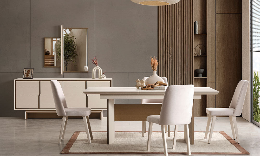 İpek Modern Yemek Masası'nın açılabilir üst tablası, ahşap baza detayı ve kadife/süet kaplı sandalyelerle modern yemek odasındaki duruşu.