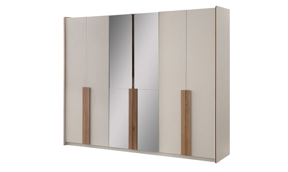 İznik Modern altı kapaklı ve aynalı gardırobun metalik şerit detaylarını gösteren yandan profil görünümü.