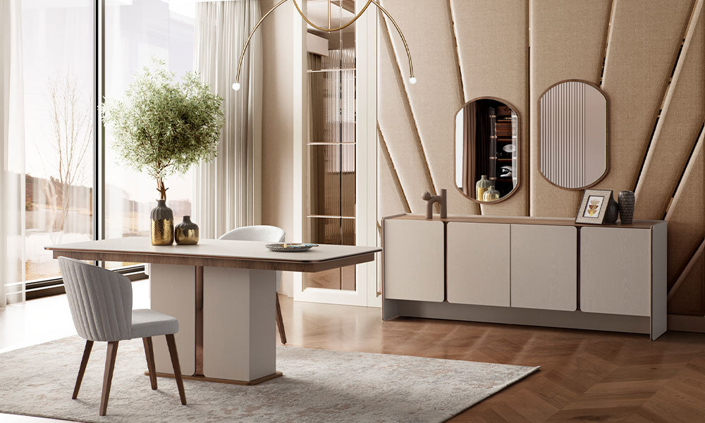 İznik Modern Yemek Odası Takımı'nın lüks bir salondaki görünümü; panel ayaklı yemek masası, minimalist konsol ve asimetrik aynalar.