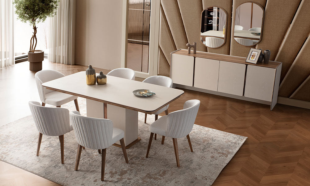 İznik Modern Yemek Odası Takımı'nın altı sandalyesi, panel ayaklı masası ve konsoluyla birlikte tam takım genel görünümü.