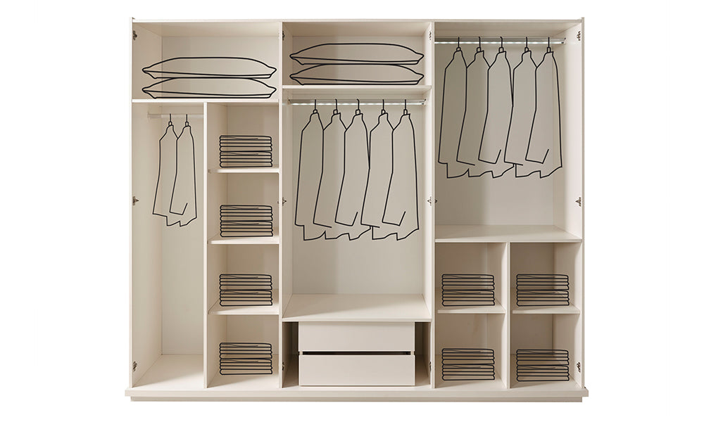Kristal Modern Gardırop askılık, raf ve çekmecelerden oluşan geniş iç düzen görünümü