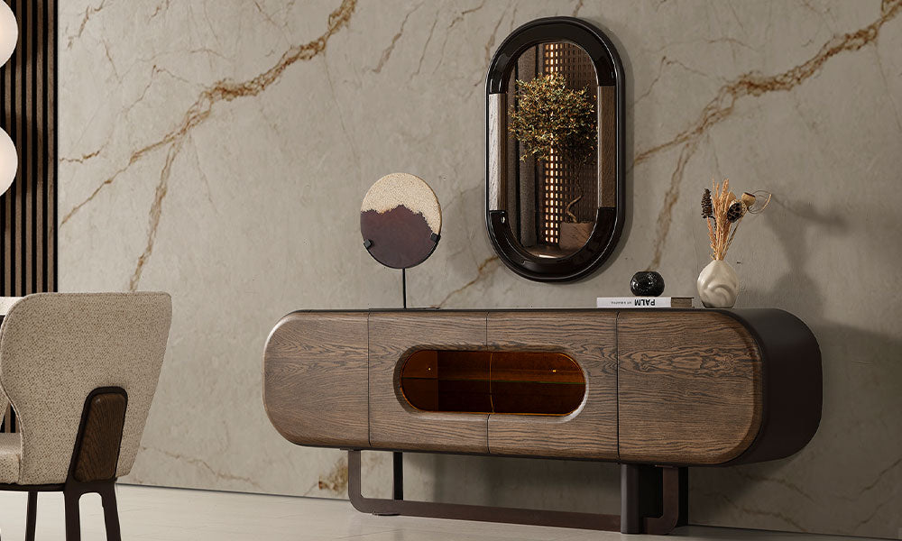 Leonara Modern MDF Konsol, ceviz renkli oval gövdesi, amber camlı orta bölümü, koyu renk ayakları ve dekoratif aynası