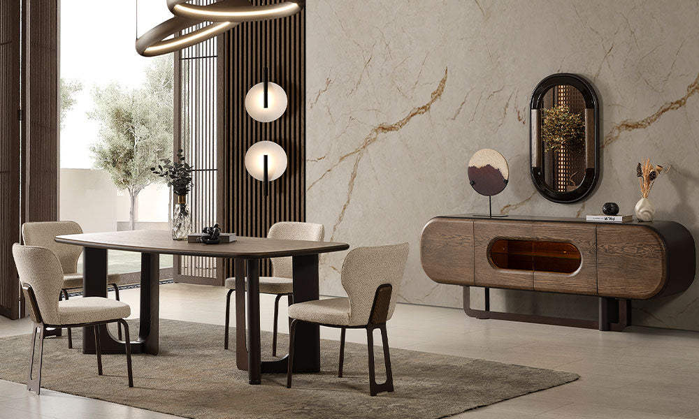 Leonara Modern Yemek Odası Takımı, ceviz masa, krem sandalyeler, amber camlı MDF konsol ve oval aynayla salon görünümü