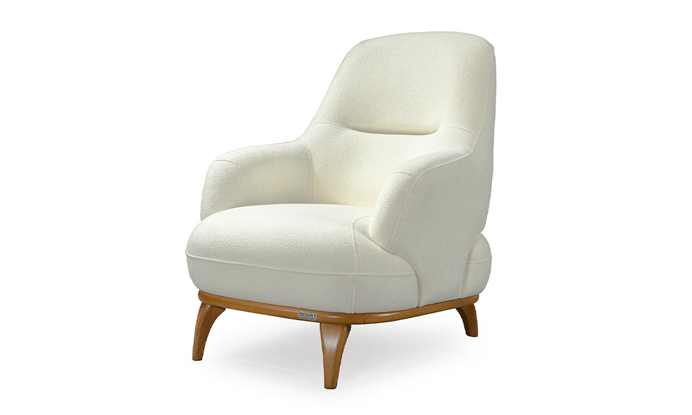 Lotus Modern berjerin krem rengi Coco kumaşlı, ahşap bazalı ve açılı ayaklı, yandan görünümü.