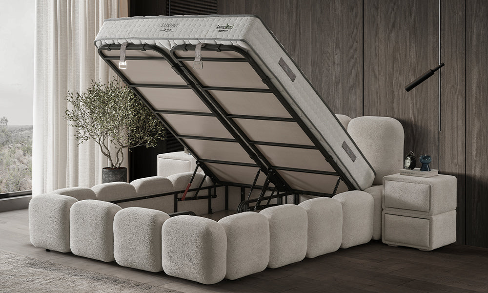 Luxury Modern Baza Başlık Yatak Set, açık baza mekanizması ve geniş saklama alanı görünümü