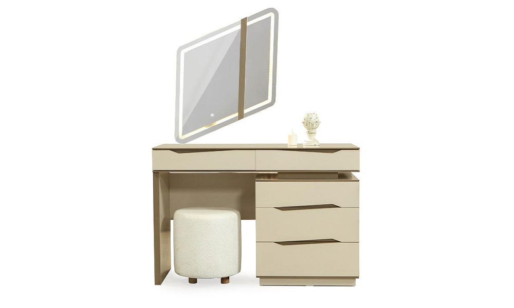 Maldiv Modern şifonyer takımı; LED aydınlatmalı aynası, beş çekmeceli makyaj masası ve pufu ile birlikte.
