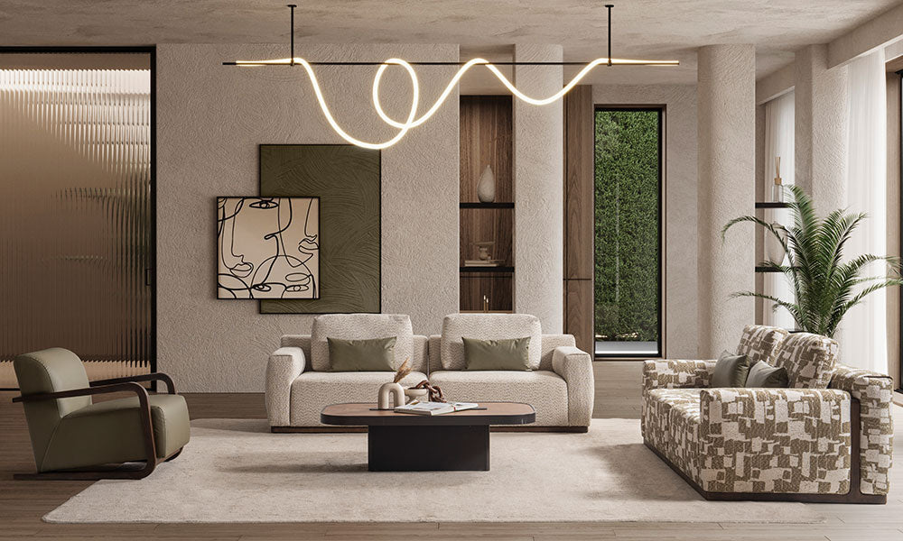 Mengen Modern Koltuk Takımı'nın bej keten kumaşlı ve geometrik desenli kanepeleri ile Art Deco tarzı nubuk berjerin modern salondaki uyumu.