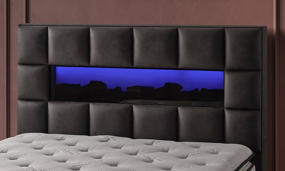Miami Modern Baza Başlık Yatak Set LED şömine detaylı başlık ve modern yatak görünümü