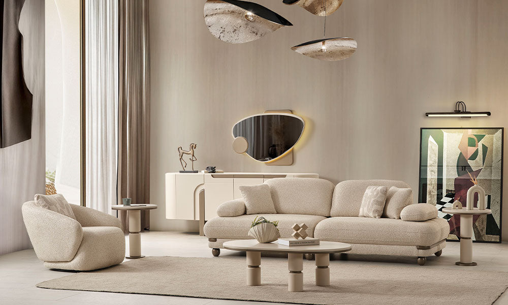 Mocha Modern koltuk takımının lüks ve modern bir salondaki tam takım sunumu; üçlü modüler kanepe ve 360 derece döner berjer.