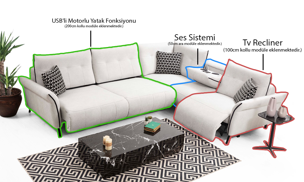 Mozart Modern Motorlu Yataklı TV Reclinerlı Köşe Koltuk Takımı