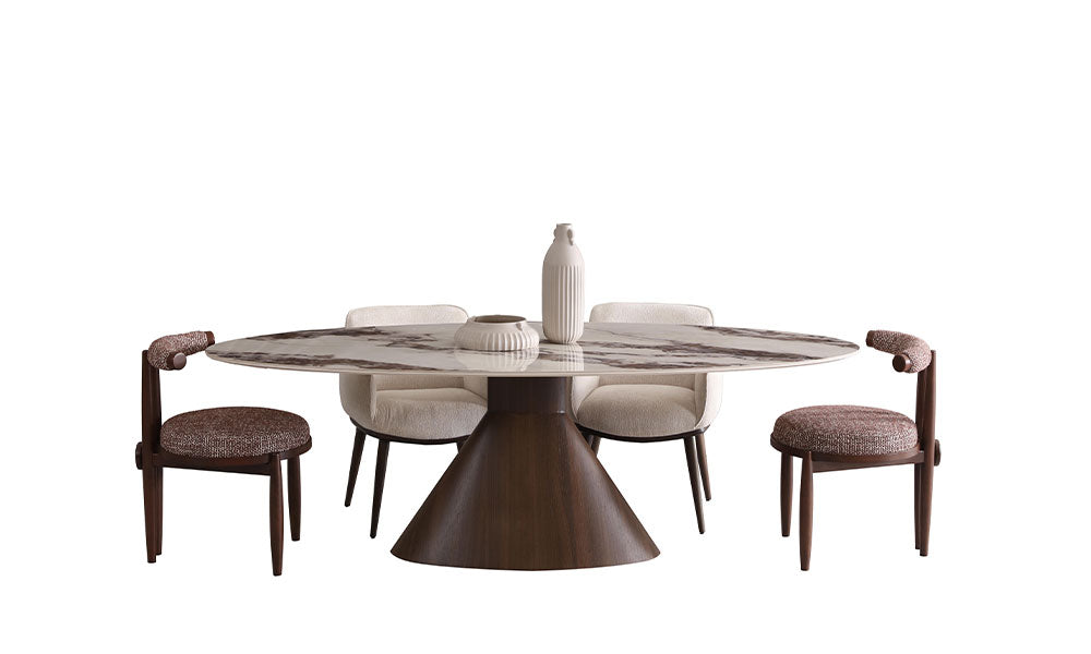 Narin Modern yemek masasının sandalyeleriyle birlikte tam takım stüdyo çekimi; oval mermer desenli tabla ve konik ahşap ayaklı tasarım.