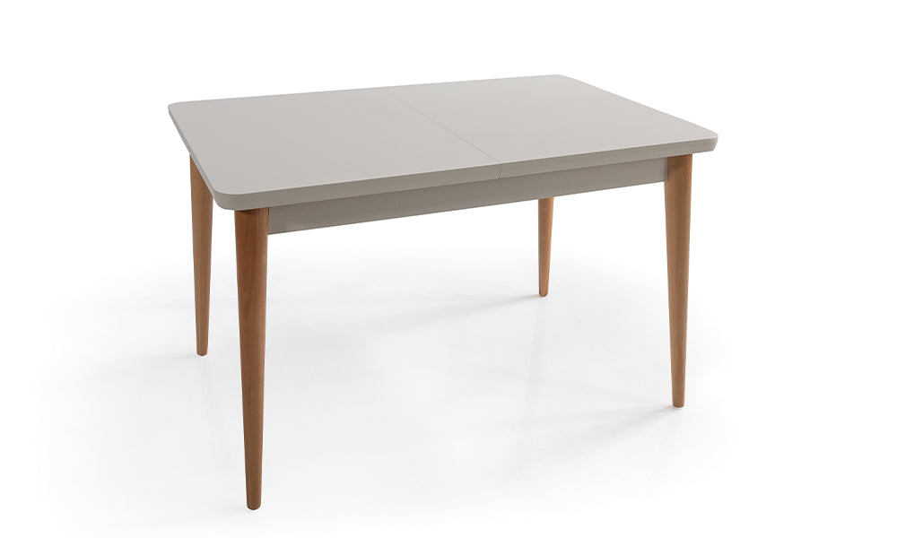 Natural retro mutfak masası kapalı görünüm; statik denge sağlayan dışa açılı ahşap ayaklar ve çizilmeye dirençli doğal ahşap üst tabla.
