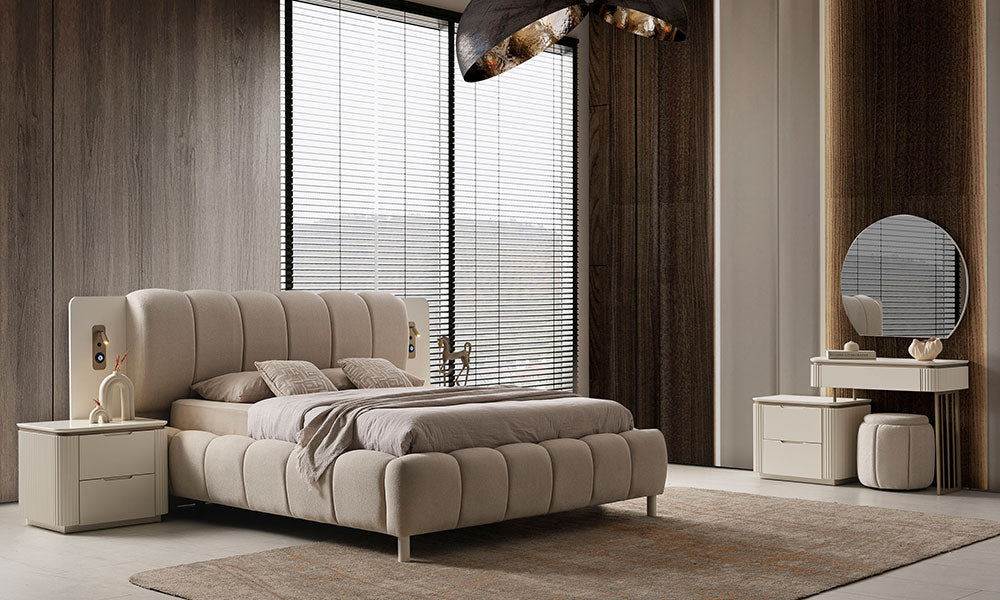 New Golden Modern Yatak Odası Takımı'nın puf yastık formlu karyolası ve yuvarlak aynalı asimetrik şifonyerinin detaylı görünümü.