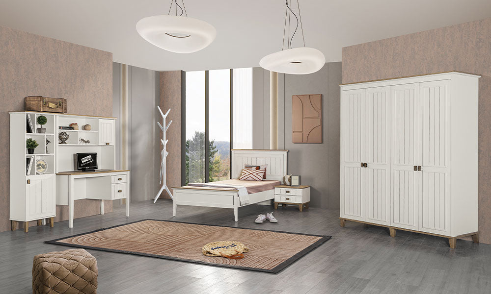 Pera Modern Genç Odası Takımı; beyaz country tarzı gardırop, ahşap detaylı bazalı karyola, çalışma masası ve kitaplıktan oluşan tam set.