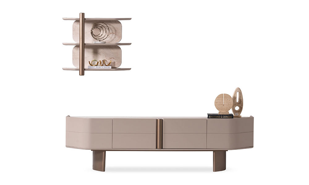 Beyaz arka planda, Sierra Modern TV ünitesi; kavisli bej konsol ve mermer desenli/metal çubuklu duvar rafı.