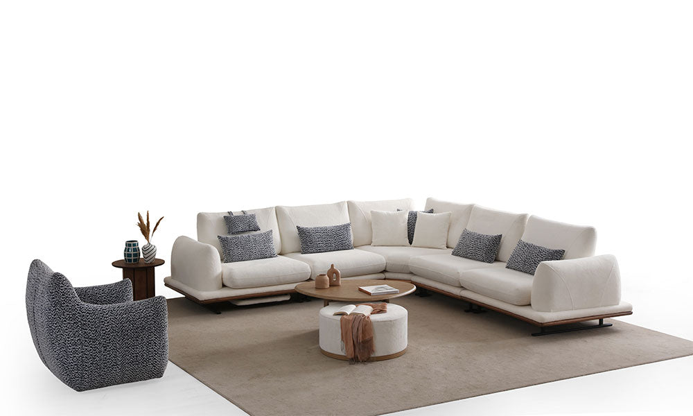 Soho Modern "Özel Ölçü" köşe koltuk takımının ve desenli Soho berjerin tam takım stüdyo çekimi.