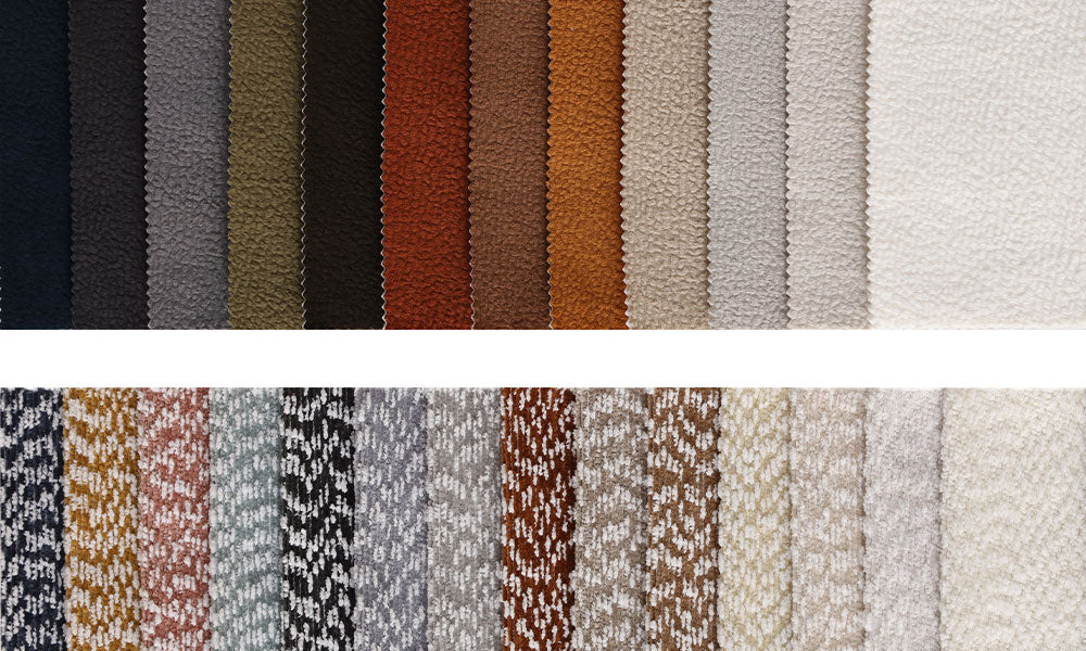 Soho Modern koltuk takımı için sunulan zengin bukle kumaş ve kazayağı/desenli kumaş renk seçenekleri kartelası.