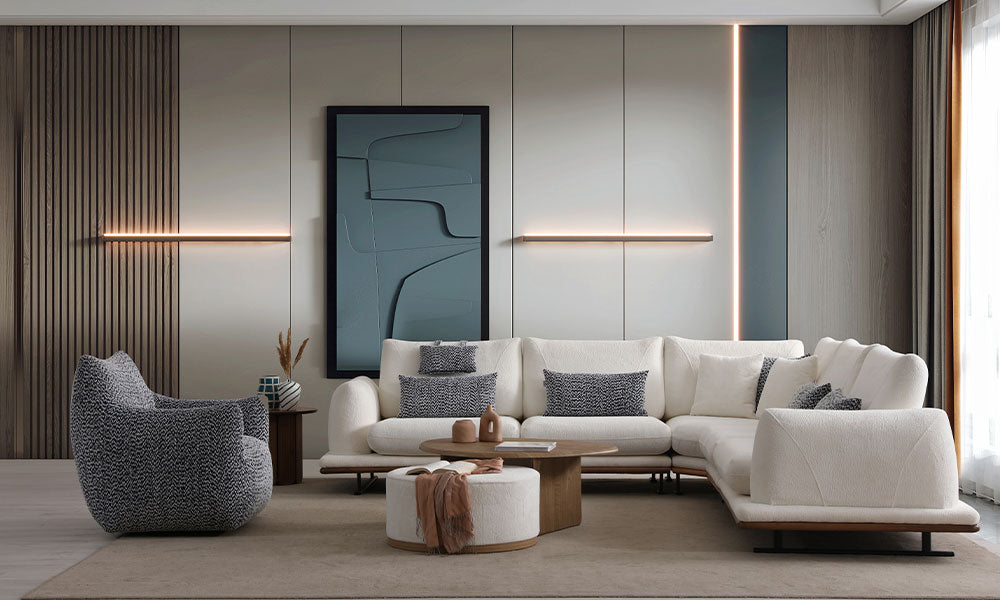 Soho Modern köşe koltuk takımının ve desenli Soho berjerin lüks bir salondaki tam takım uyumu ve görünümü.