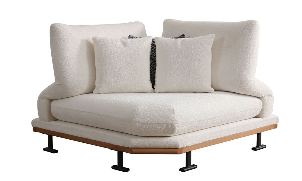 Soho Modern köşe koltuk takımına ait, ahşap bazalı ve metal ayaklı bukle kumaşlı köşe modülü.