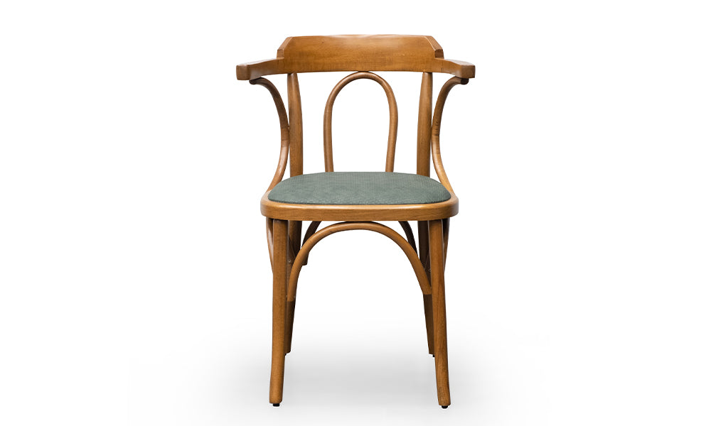 Tonet Modern Sosis Kollu Sandalye; ceviz renk masif iskelet, yeşil dokuma kumaş oturum ve buhar büküm (bentwood) destekli klasik tasarım.