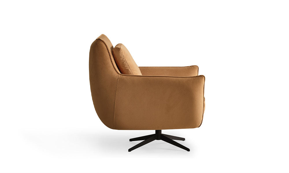 Velar Modern Berjer'in taba rengi kadife kumaşlı, kavisli ve zarif sırt tasarımını gösteren yandan profil görünümü.