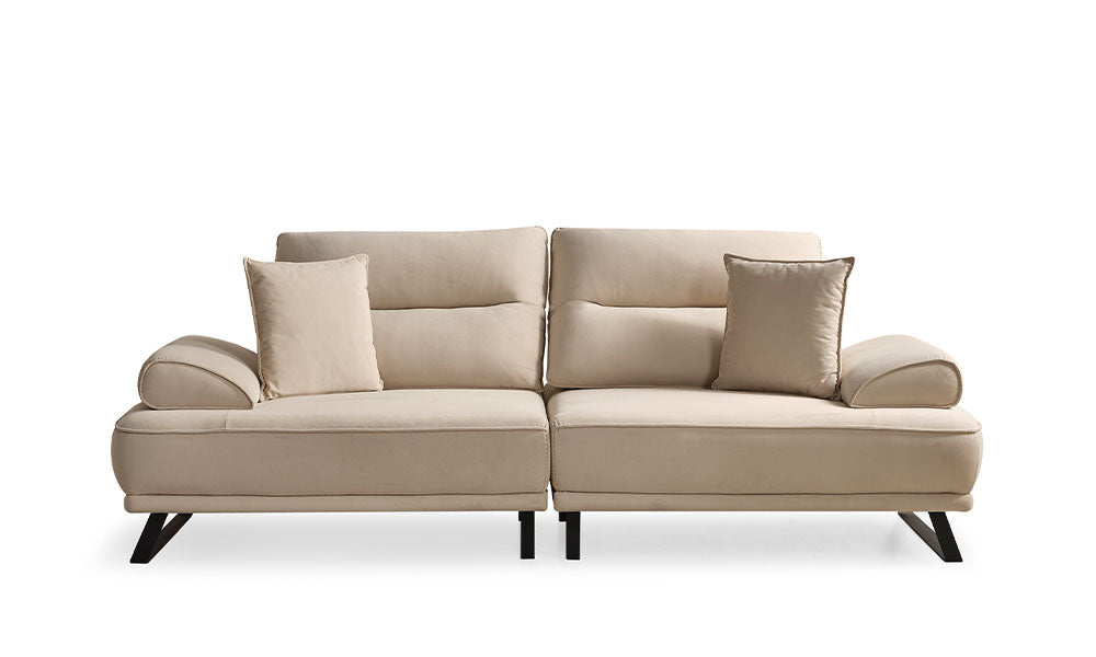 Krem rengi Velar Modern üçlü koltuğun kapalı/standart pozisyonda, metal ayaklı önden görünümü.