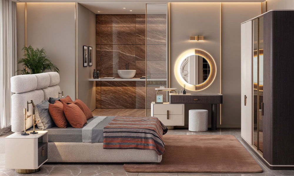 Velar Modern Yatak Odası Takımı'nın tam takım lüks yatak odası görünümü; bazalı karyola, cam kapaklı gardırop ve LED aynalı asimetrik şifonyer.