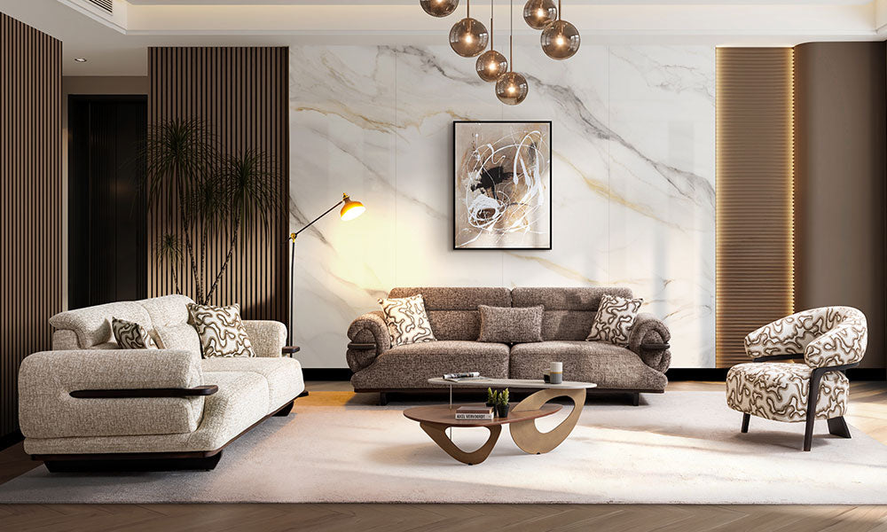 Vista Modern Koltuk Takımı, krem ve kahverengi üçlü koltuklar ile desenli berjerin modern salon görünümü