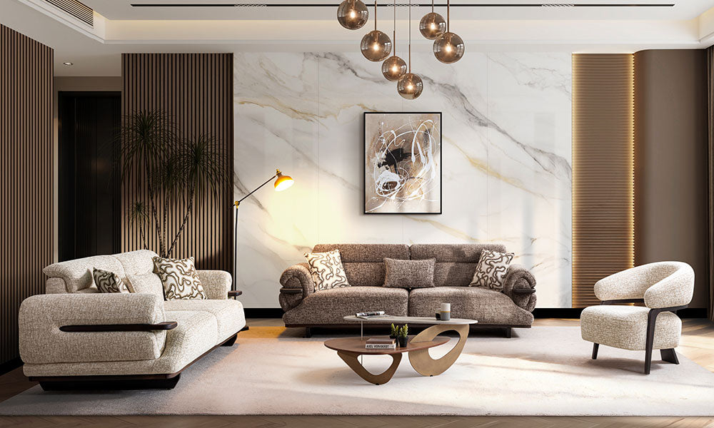 Vista Modern Koltuk Takımı, iki üçlü koltuk ve krem berjerle tamamlanan geniş salon yerleşimi