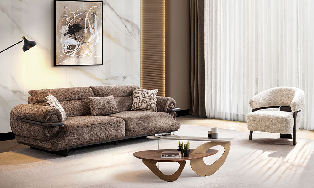 Vista Modern Koltuk Takımı, kahverengi dokuma kumaşlı üçlü koltuk ve krem modern berjer