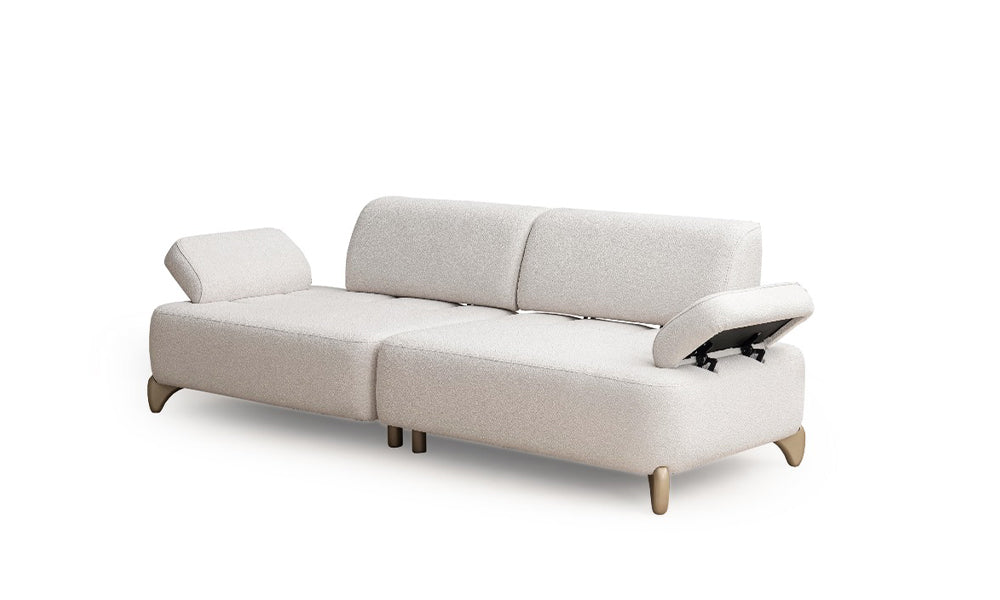 Yıldız Modern üçlü koltuğun depolama (sandık) mekanizmalı kolçaklarının açık haldeki fonksiyonel stüdyo çekimi.