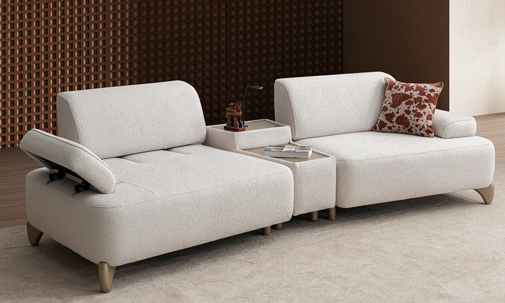 Yıldız Modern modüler koltuğun entegre sehpalı ara modülü ve uzanma pozisyonu için ayarlanabilir sırt detayı.