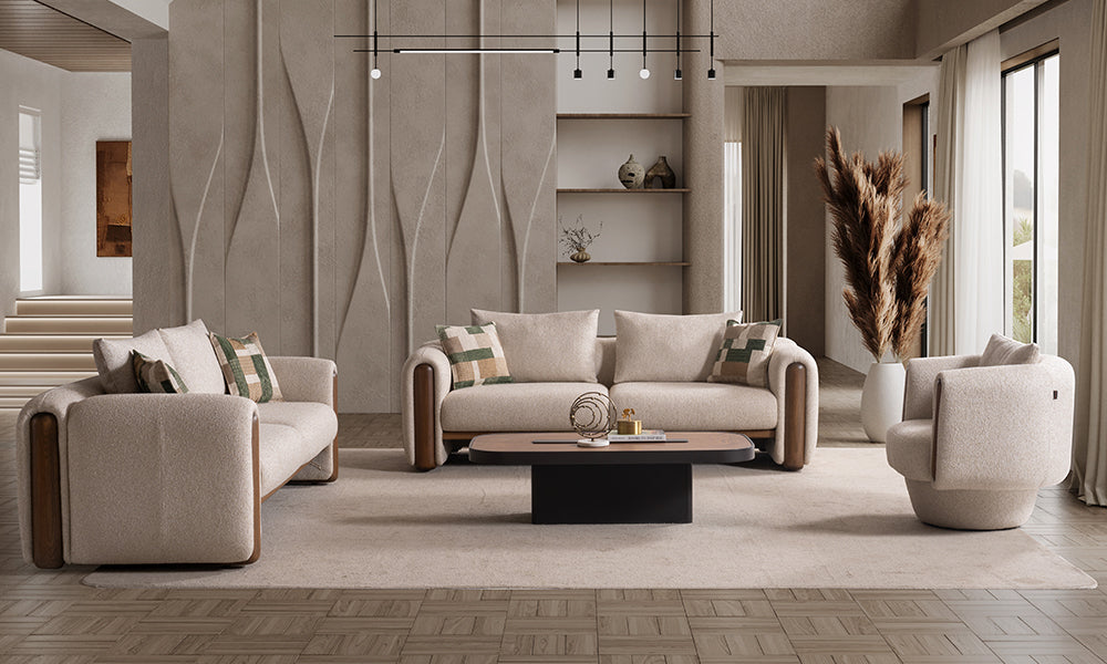 Zenix modern koltuk takımı salon yerleşimi; dar alanlar için ferahlık sağlayan yüksek mat siyah metal ayaklı üçlü koltuklar ve ergonomik berjer.